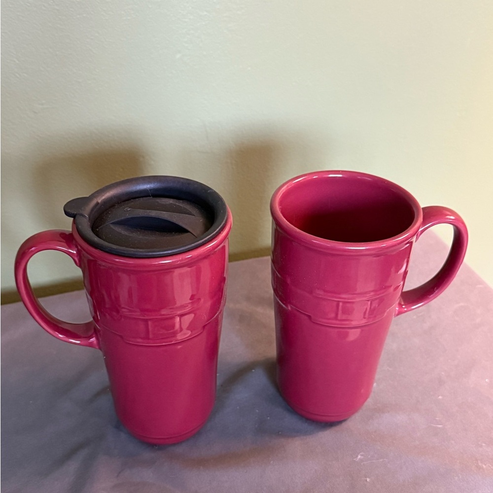 Longaberger Woven Traditions Paprika Pottery Travel Mugs, Set of 3 mugs, 1 lid